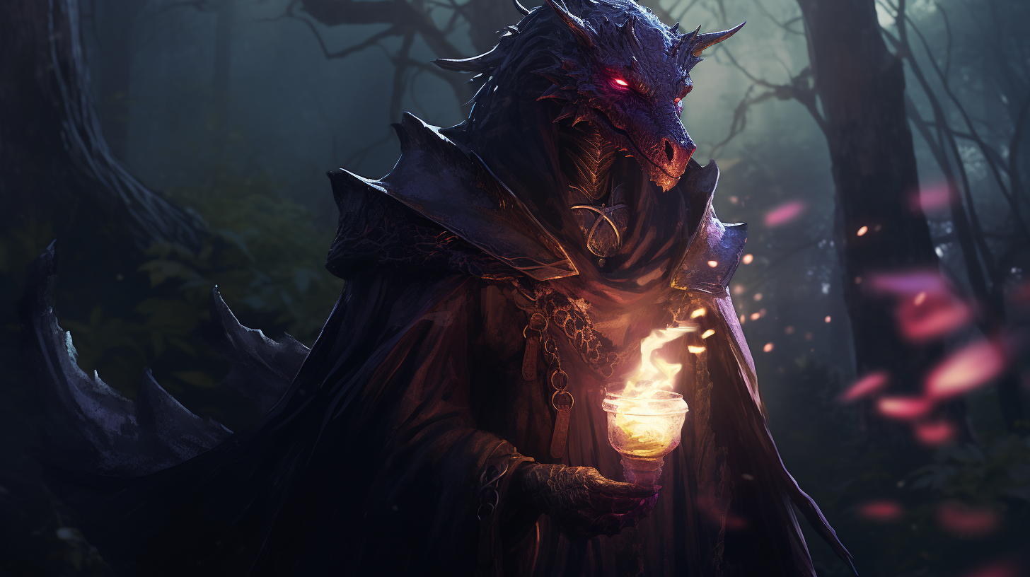 Humanoid dragon in dark forest with purple candle