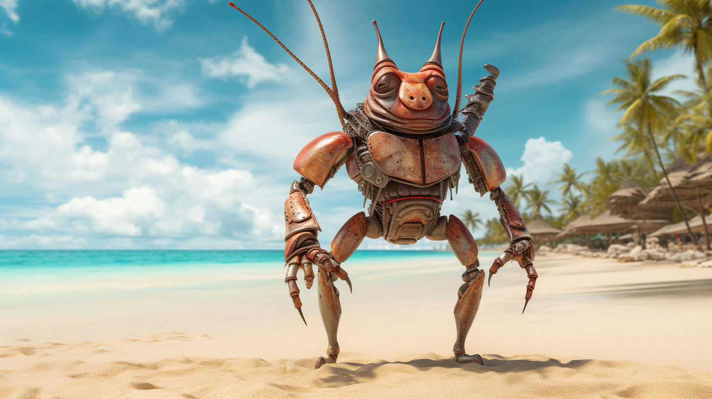 Humanoid earthworm knight on tropical beach