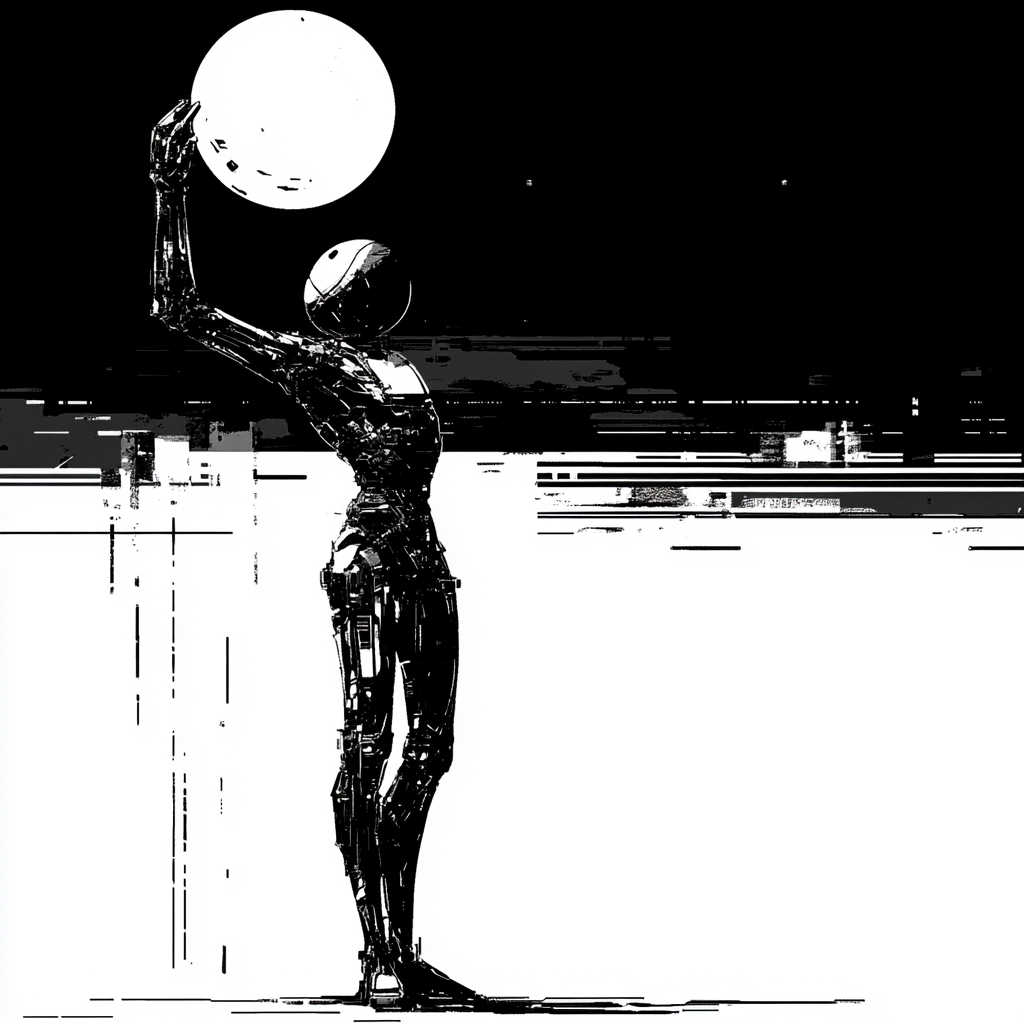 Monochrome humanoid lifting round shape