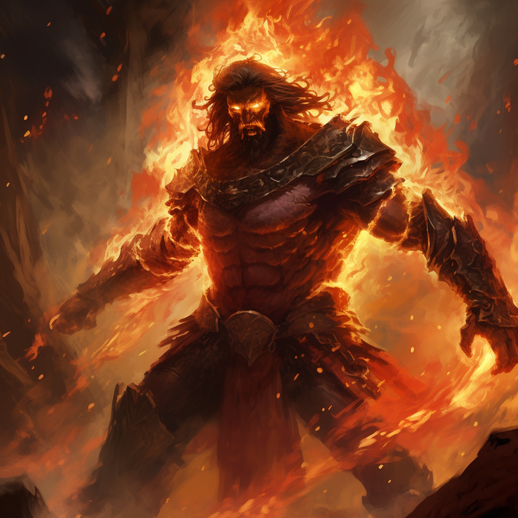 Fiery and Shadowy Humanoid with Flaming Whips and Sword