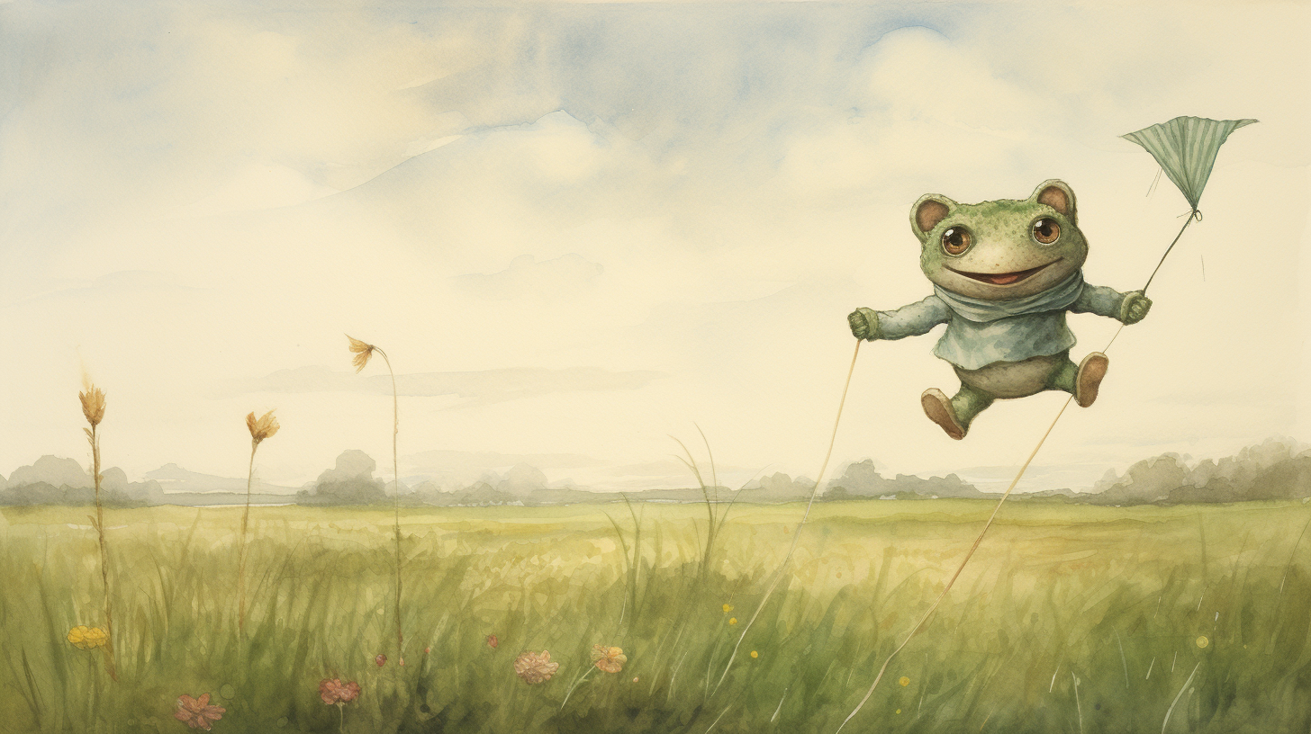 Illustration of a humanoid frog flying a kite