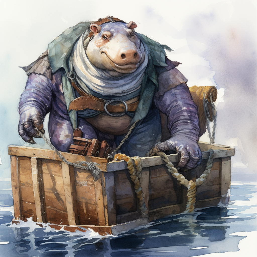 Humanoid Hippo in Pirate Clothing with Crate on Ship