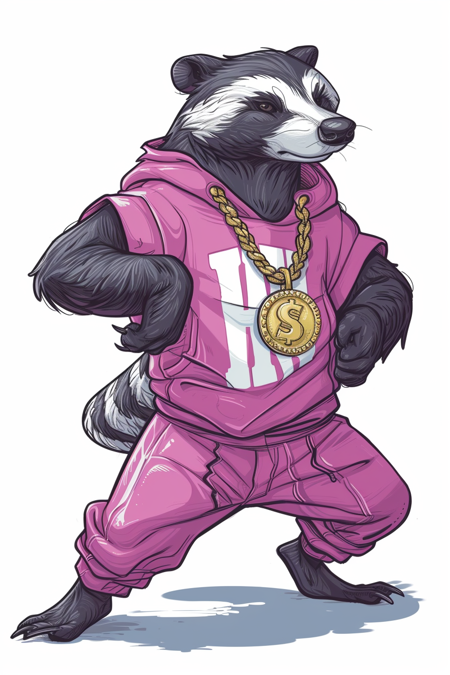 Cartoon honey badger in pink sweatshirt with gold chain