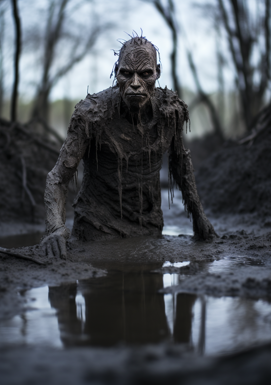 Scary gray-skinned humanoid in mud swamp