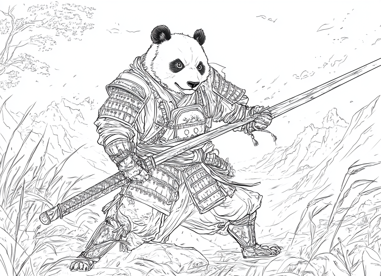 Panda Japanese Warrior Coloring Page