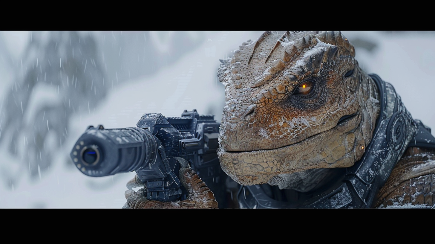 Futuristic humanoid reptile laser gun snow