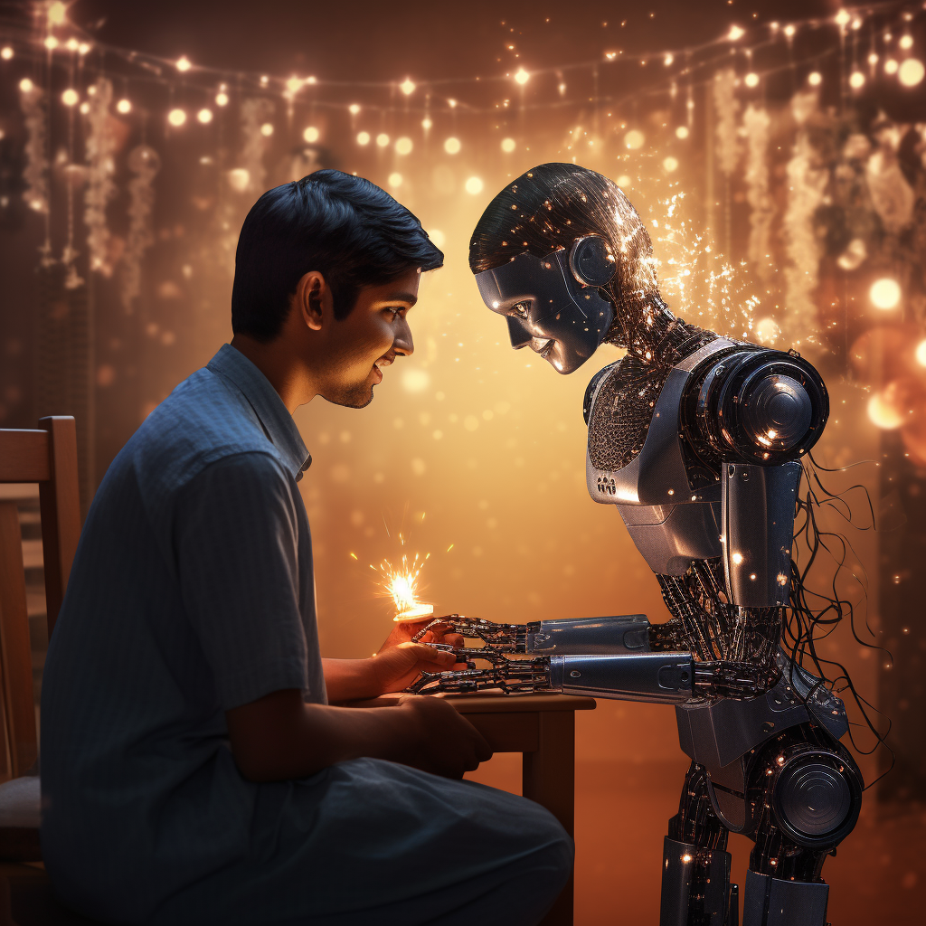 Humanoid robot assisting Indian engineering student during Diwali