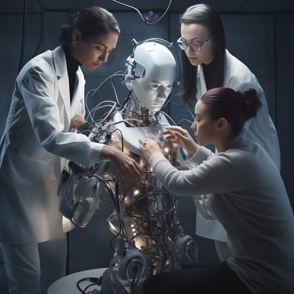 Scientists working on beautiful humanoid robot