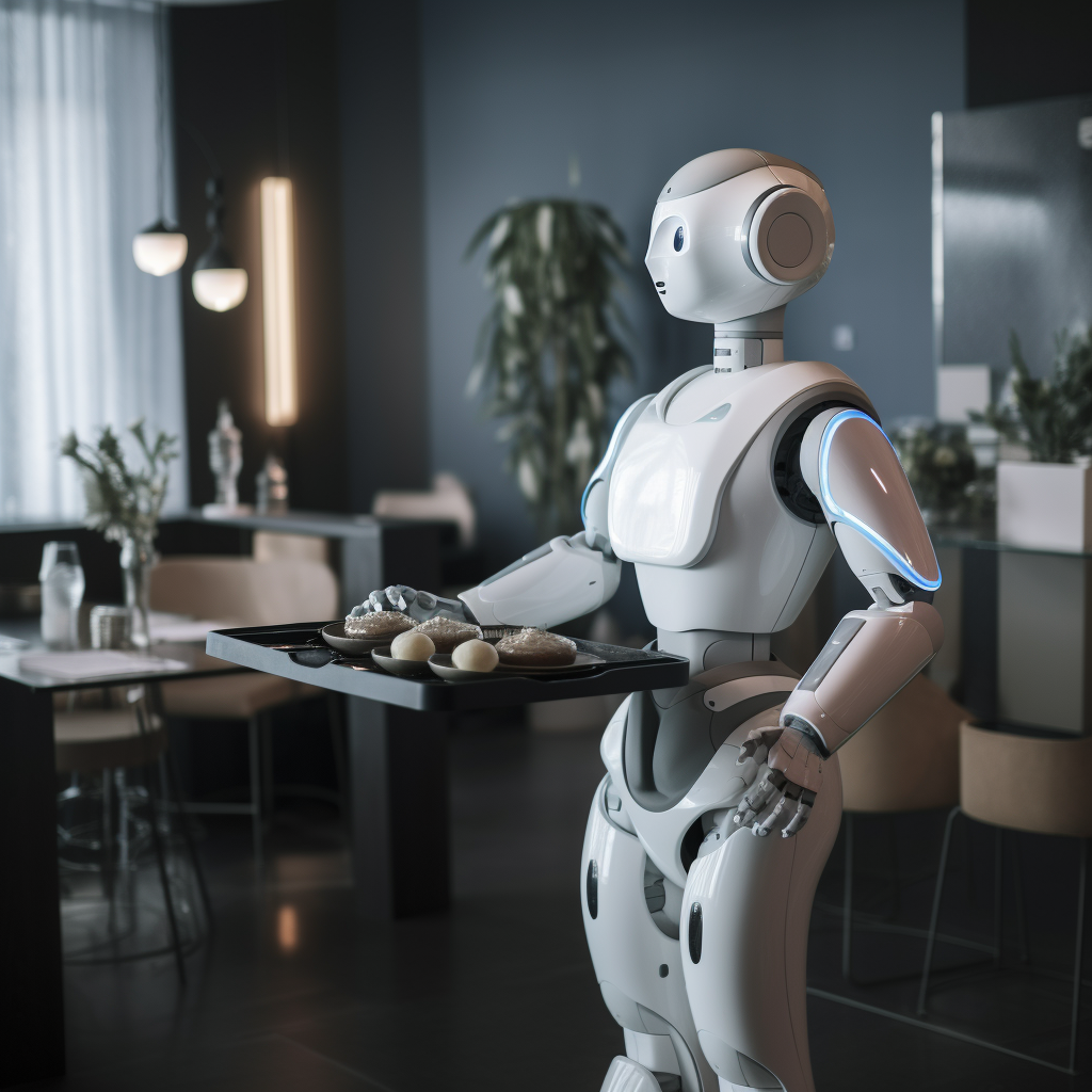 Humanoid robot serving food in a restaurant