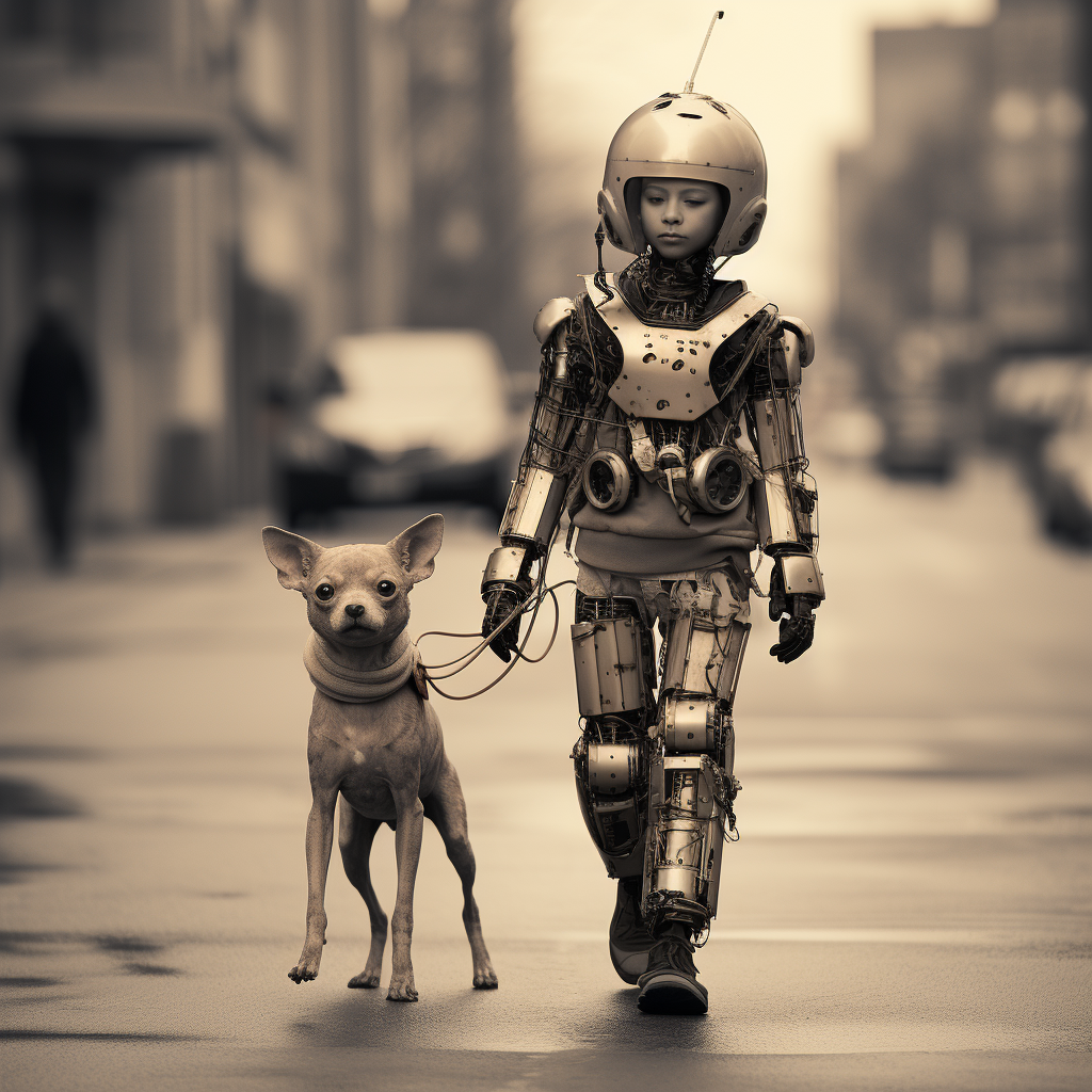 Humanoid robot walking a chihuahua on a city street