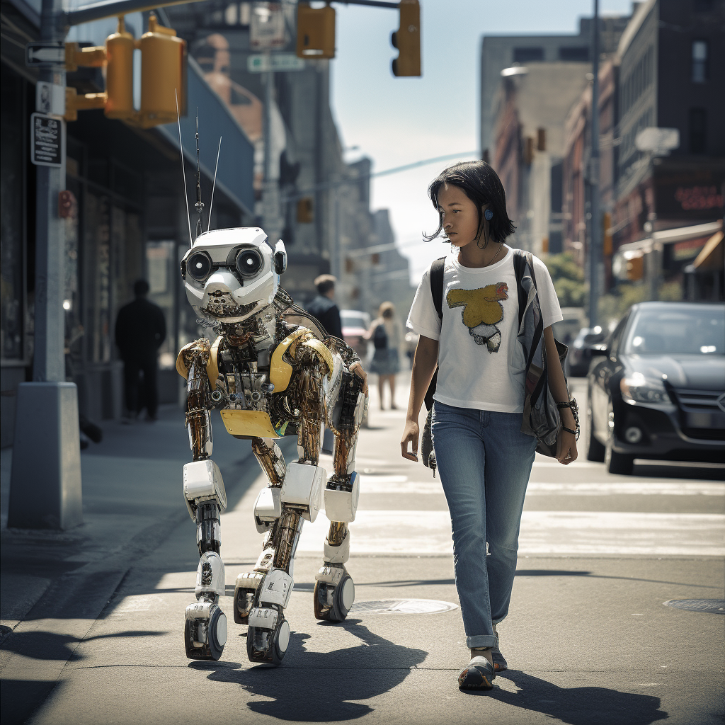 Walking humanoid robot with small dog in city