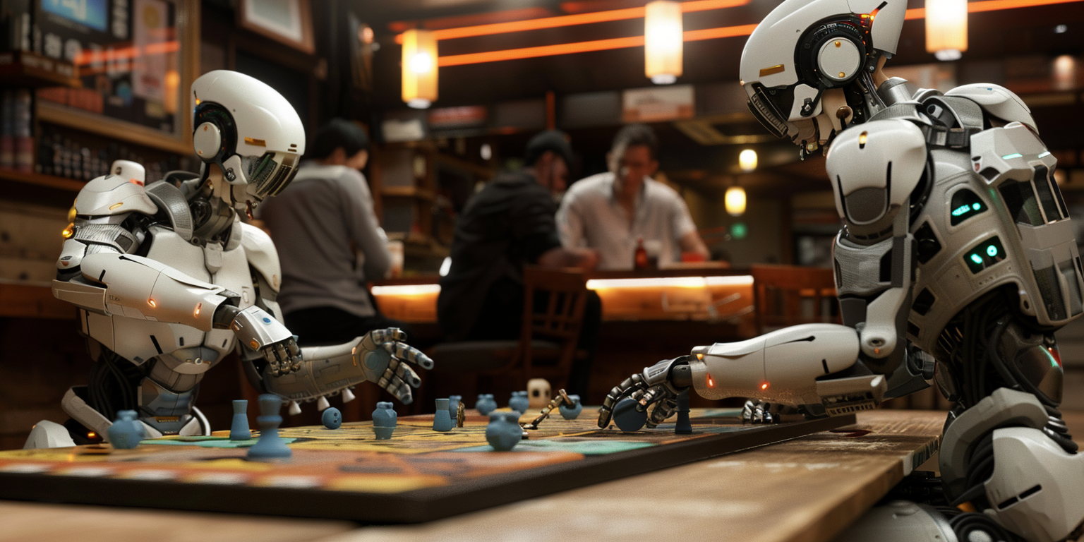 Robots playing board game in pub