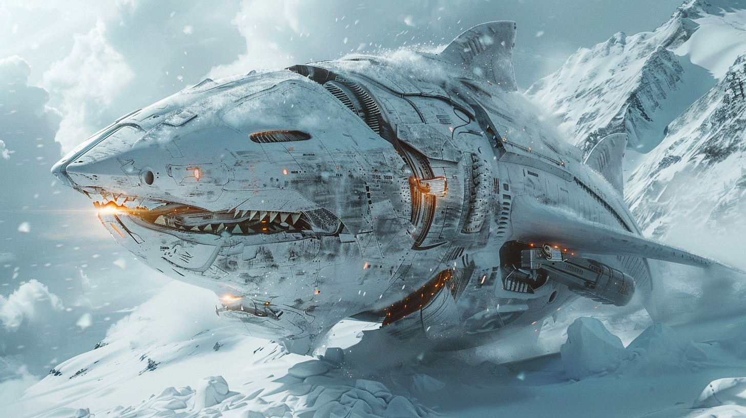 humanoid shark with laser gun on snow