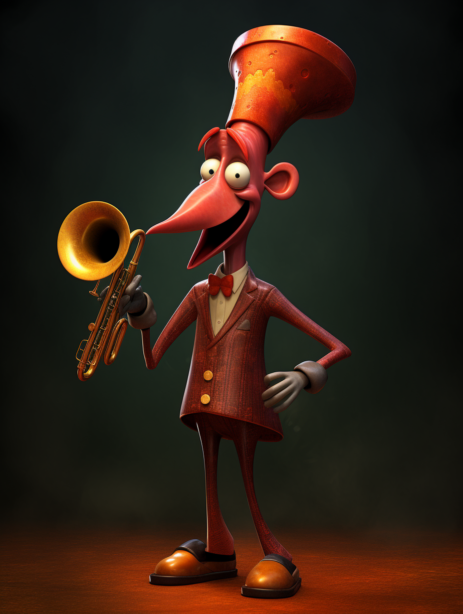 Happy Pixar character playing a trumpet