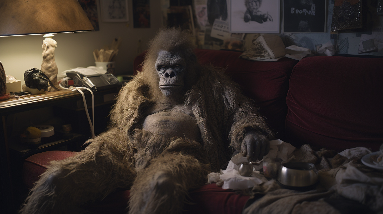 Humanoid ape on couch in Chinese apartment