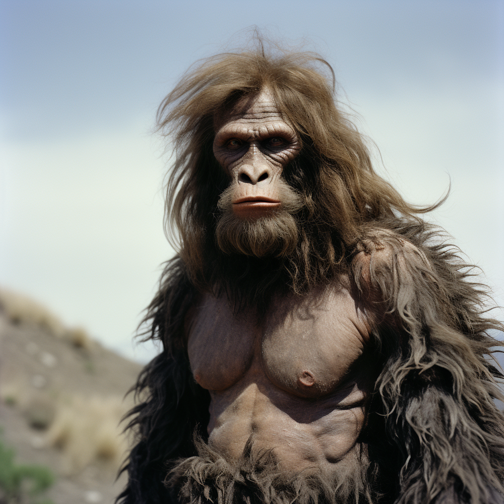 Humanoid ape with long hair bang