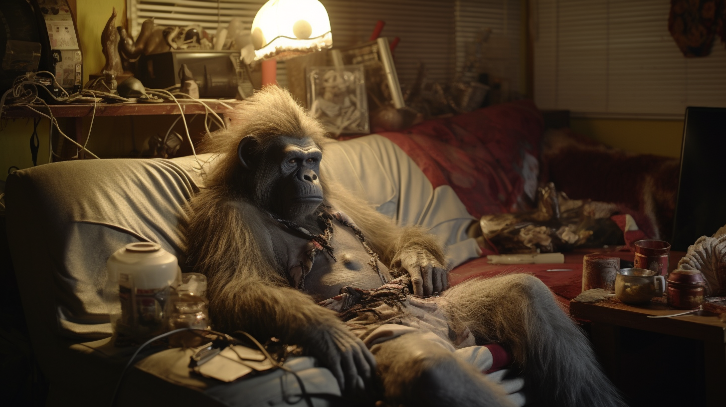 Humanoid ape relaxing on cluttered couch