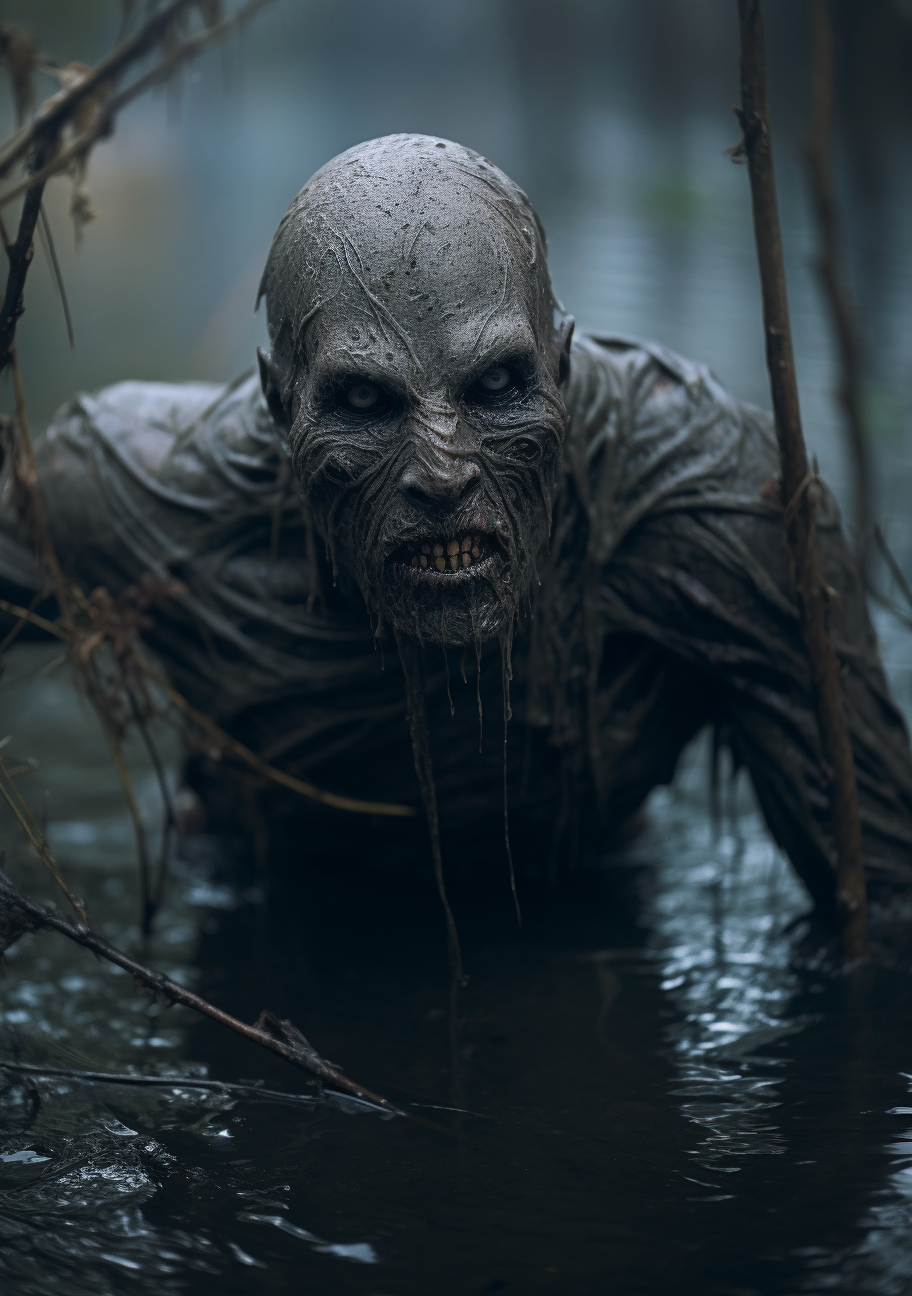 Scary humanoid in hostile gray swamp