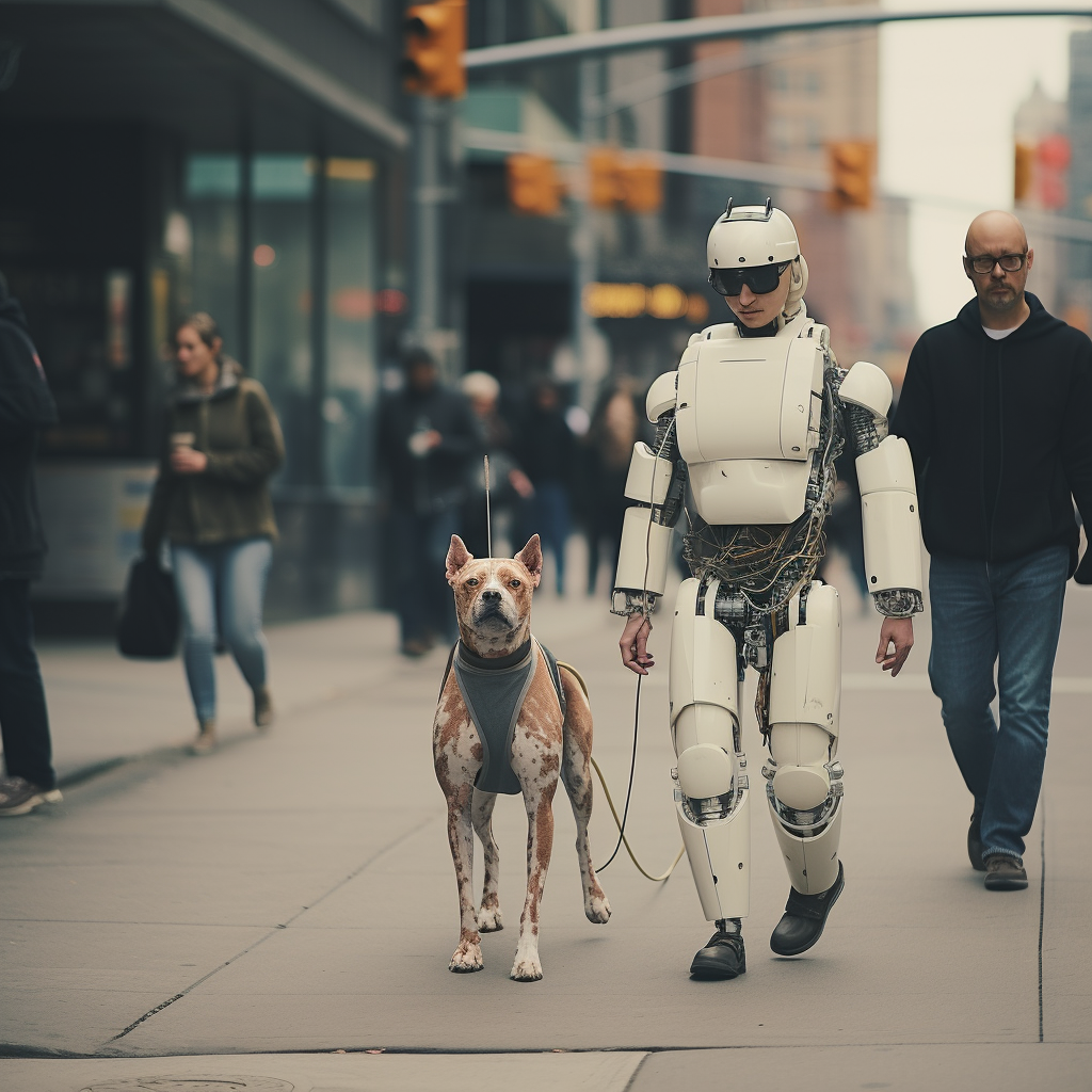 Humanoid robot walking small dog