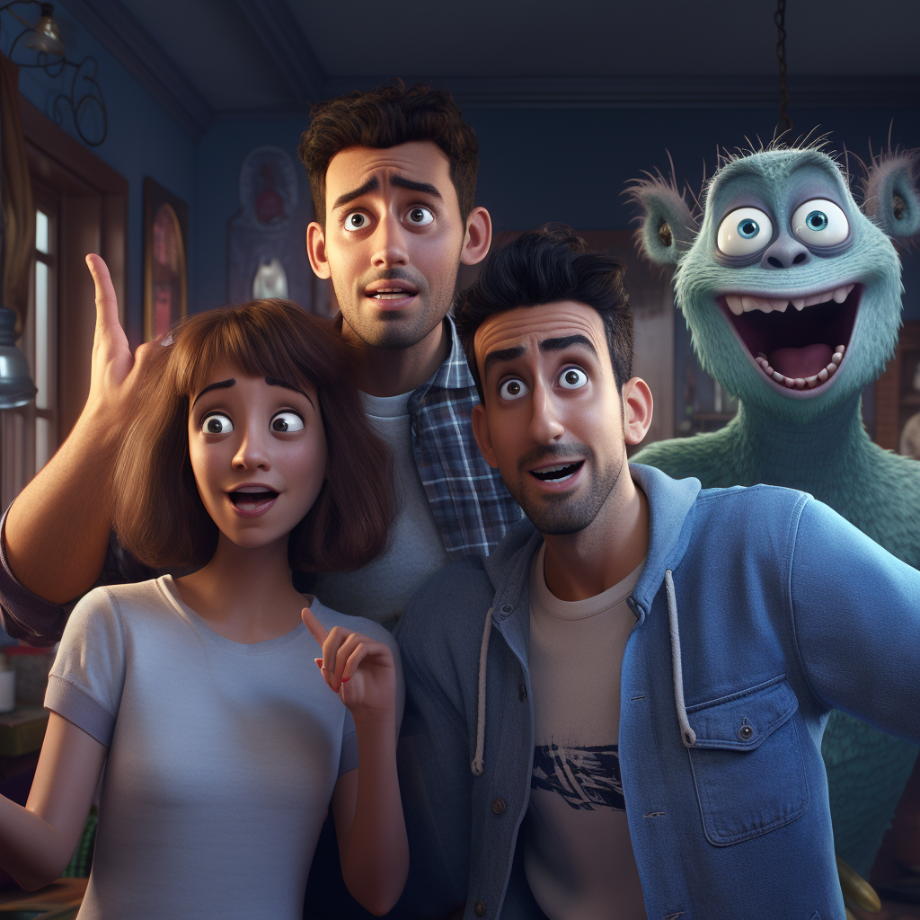 Humans pointing at goofy alien