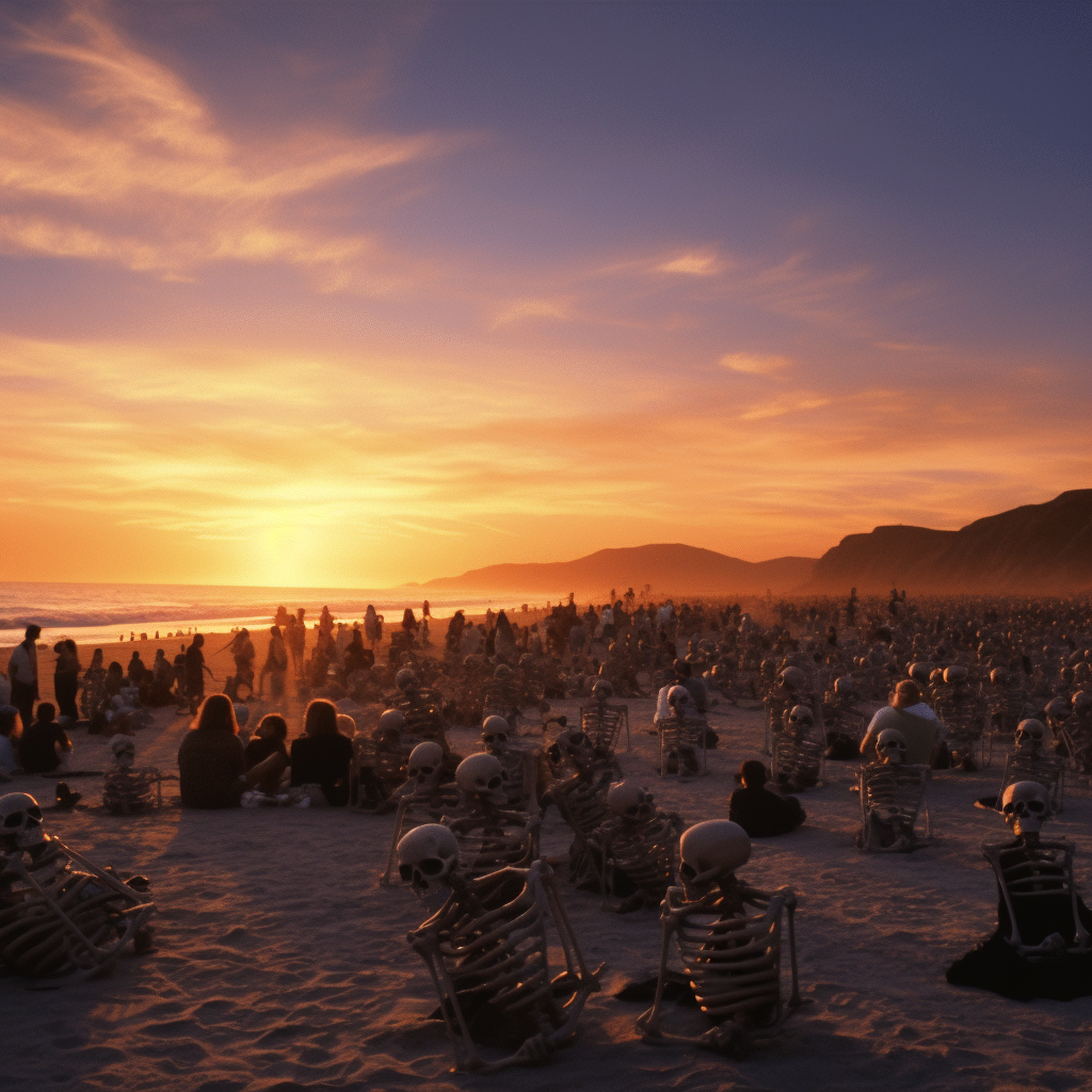 Humans Skeletons Sunset California Beach