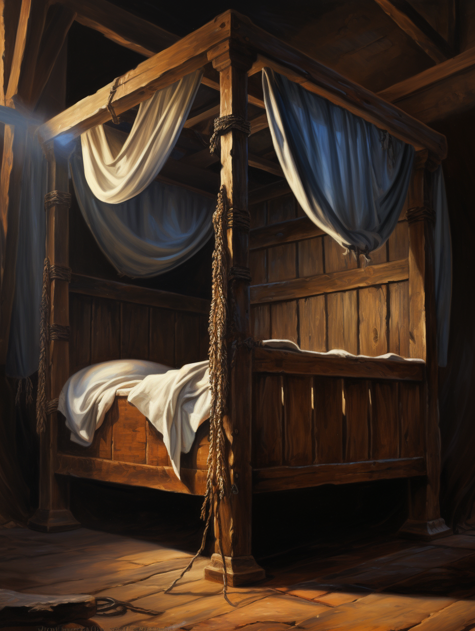 Humble medieval bed with giant bite