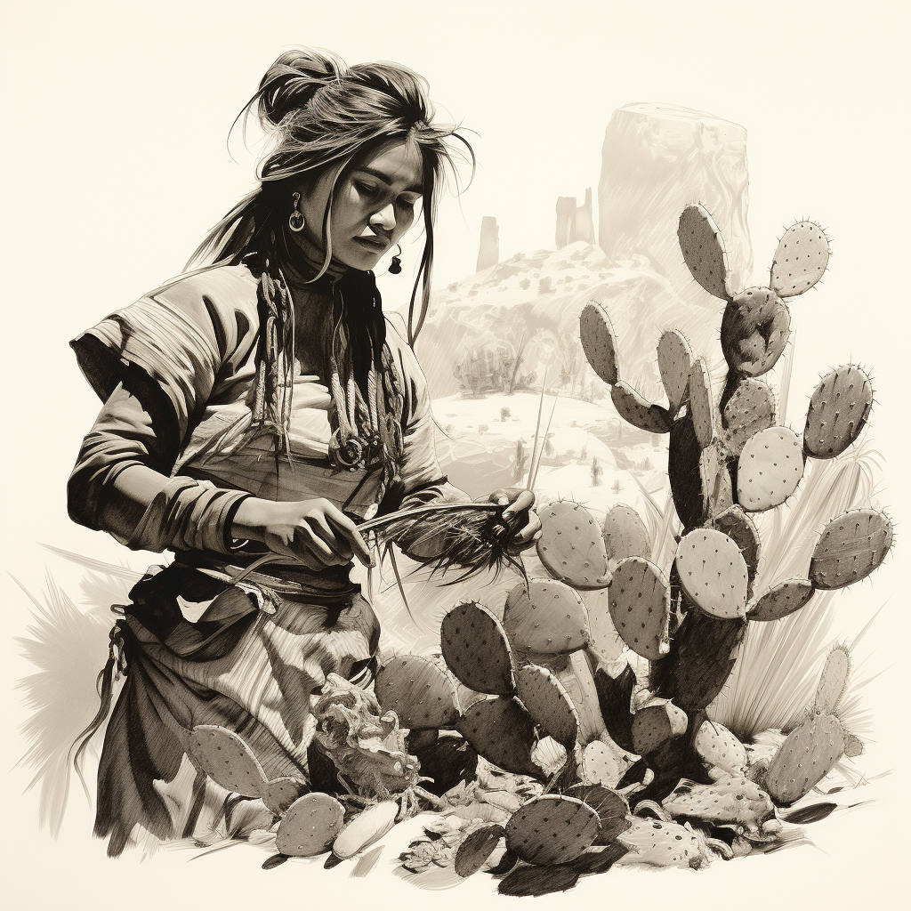 Native American woman collecting cactus tuna and nopal