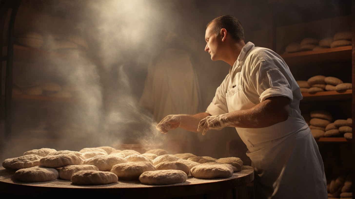 Baker adjusting dough in humid atmosphere