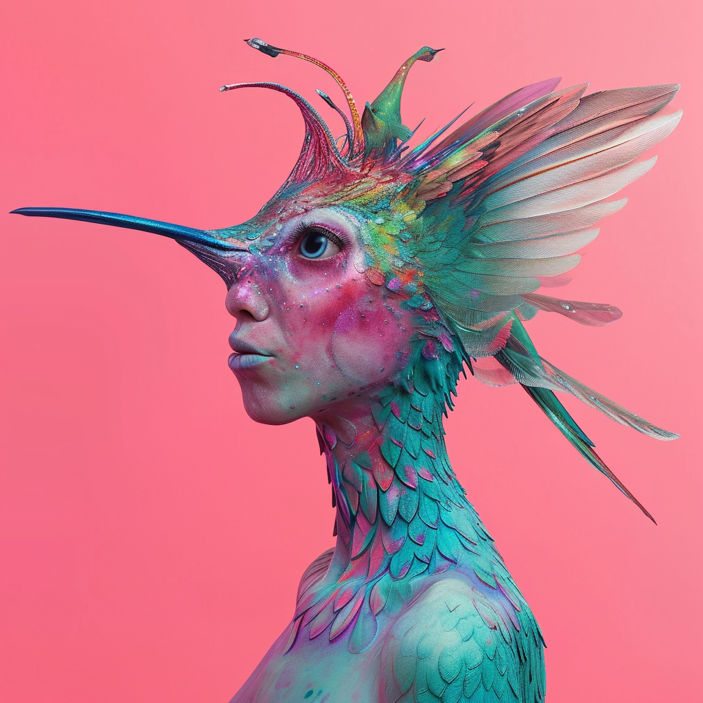 Photorealistic alien evolved from hummingbird on pink background