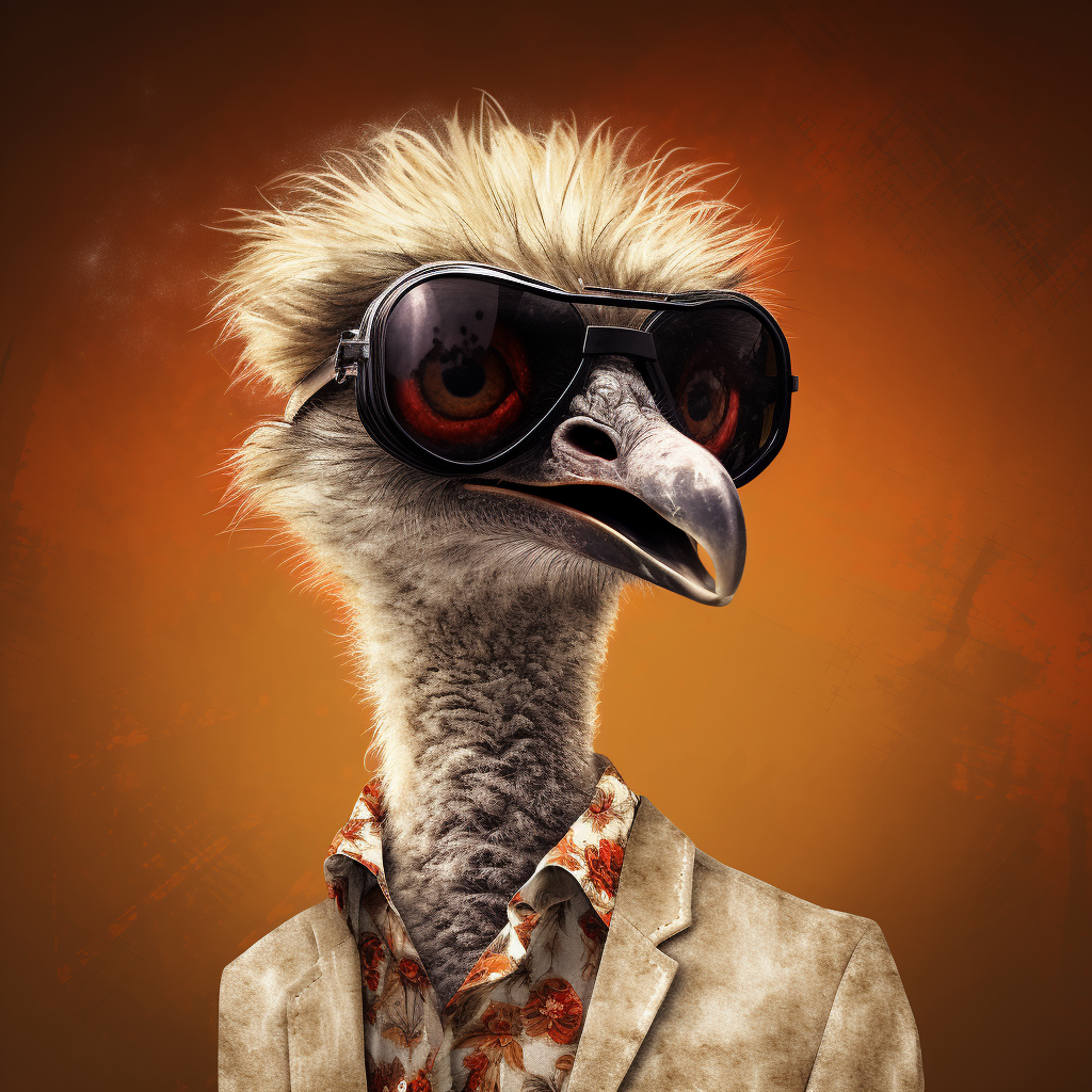 Anthropomorphic ostrich wearing sunglasses and holding microphones