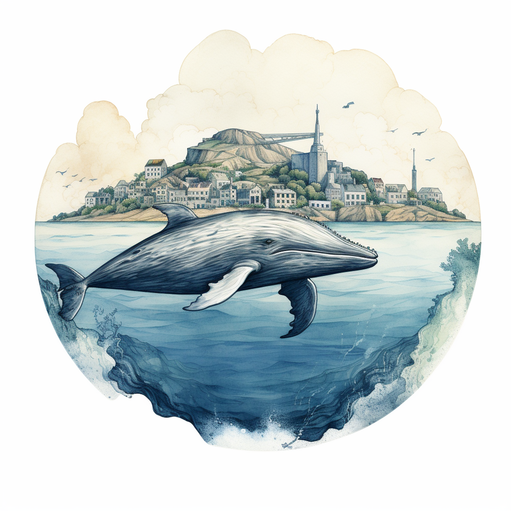 Illustration of humpback whale with island and Greek town