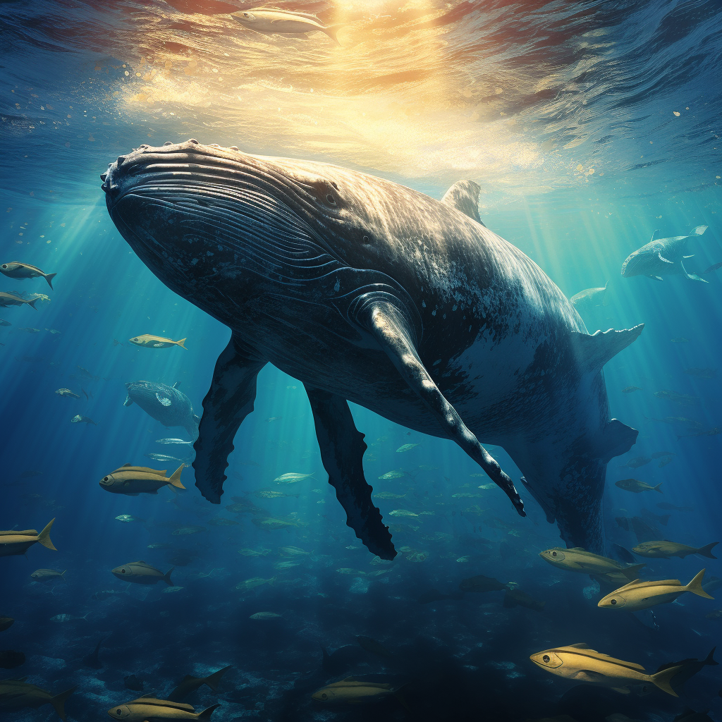 Humpback Whale with Dolphins in Clear Ocean