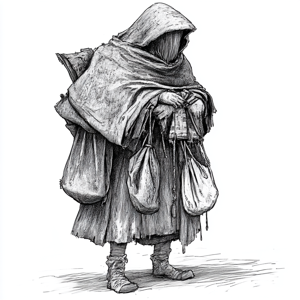 Hunchback medieval merchant showcasing merchandise