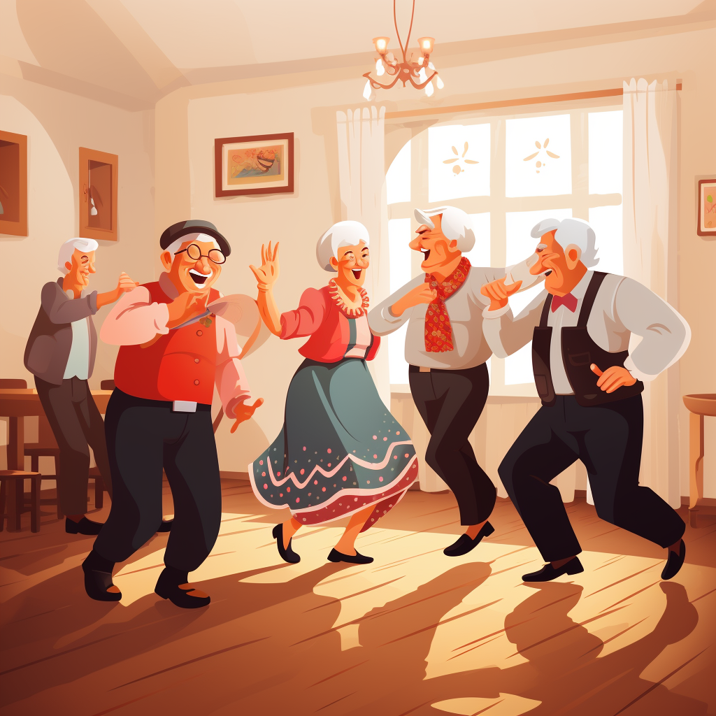 Seniors dancing Hungarian folkore in casual attire