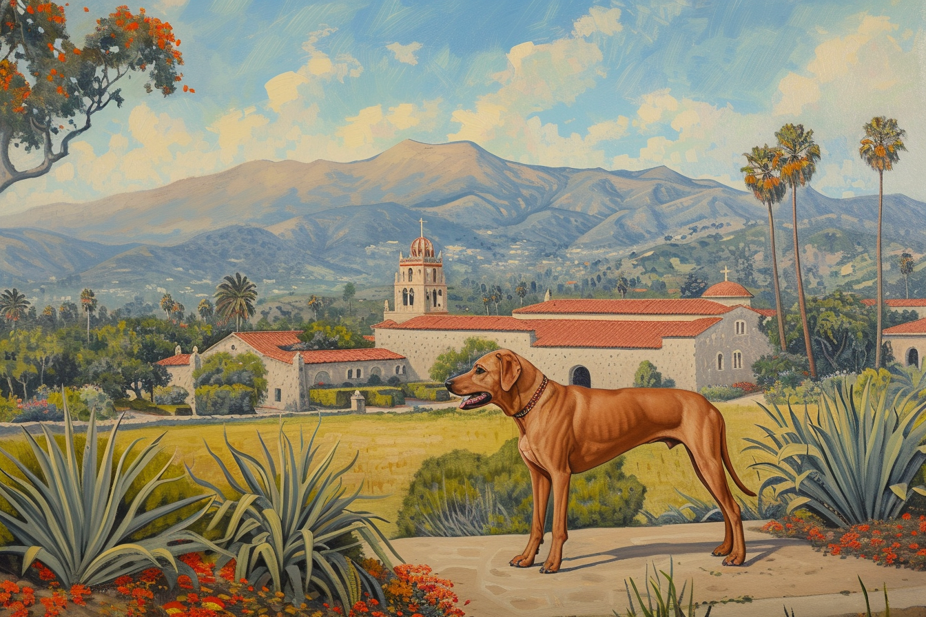 Hungarian Vizsla standing in front of Mission Santa Barbara