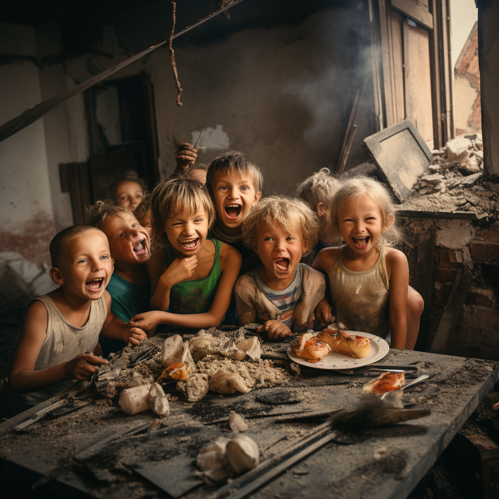 Children in destroyed house, feeling hungry