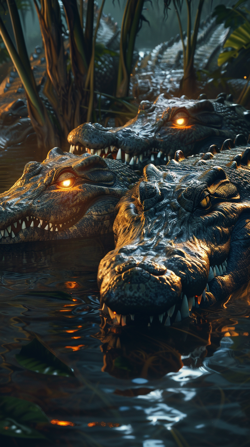 Angry glowing hungry crocodiles in night swamp