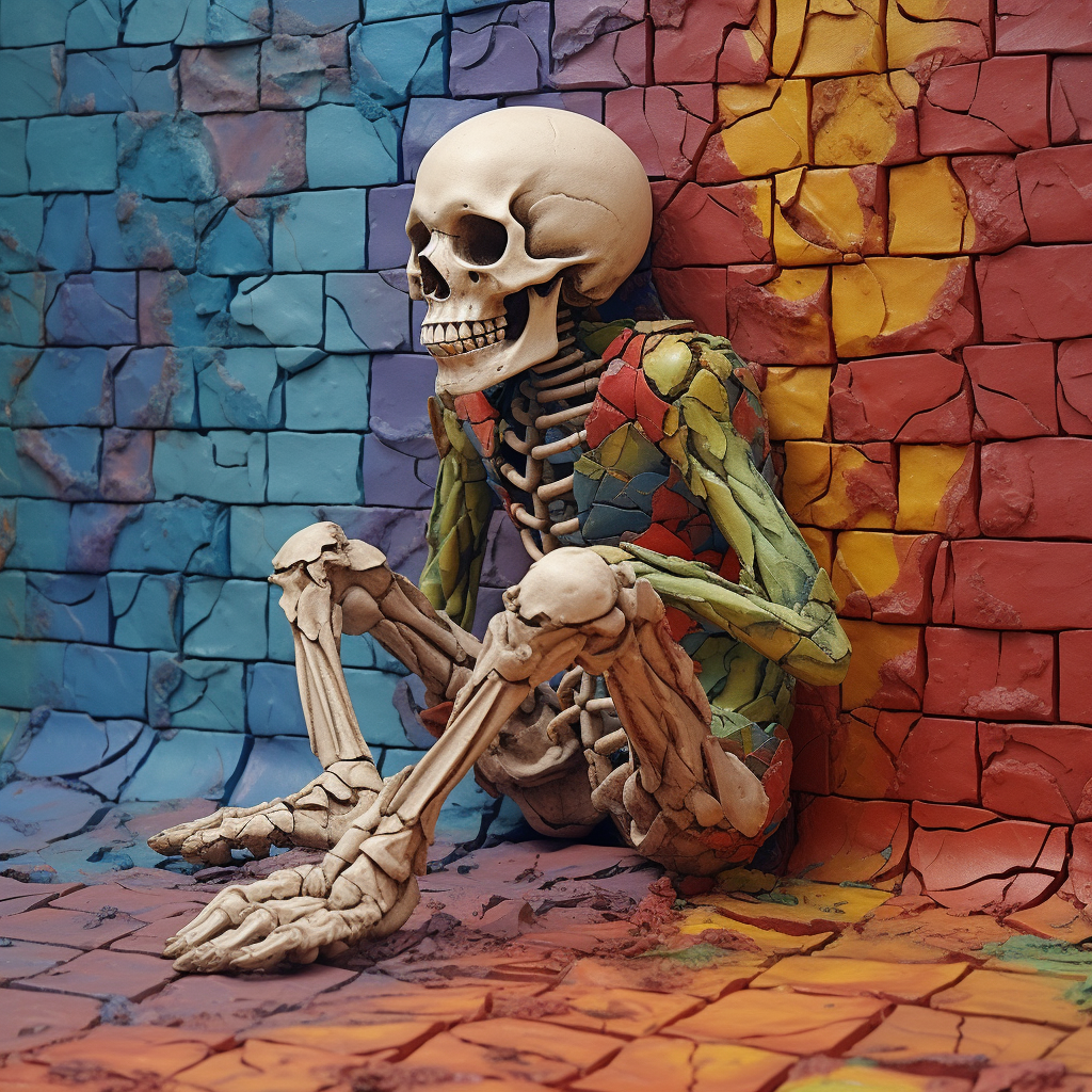 Hungry skeleton crawling out of colored tile wall