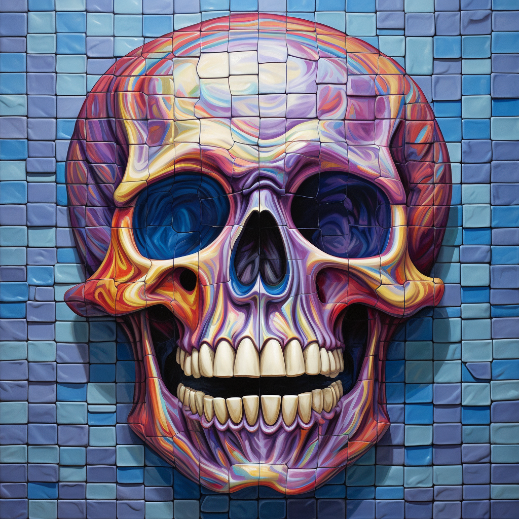 Colorful realistic hungry skull pushing out of tile wall