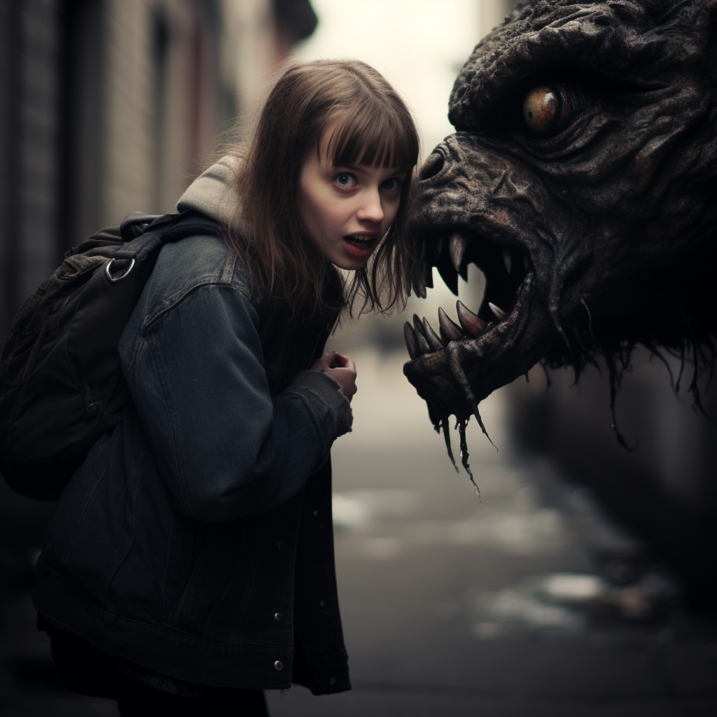 Hungry teenage vampire girl biting hideous monster