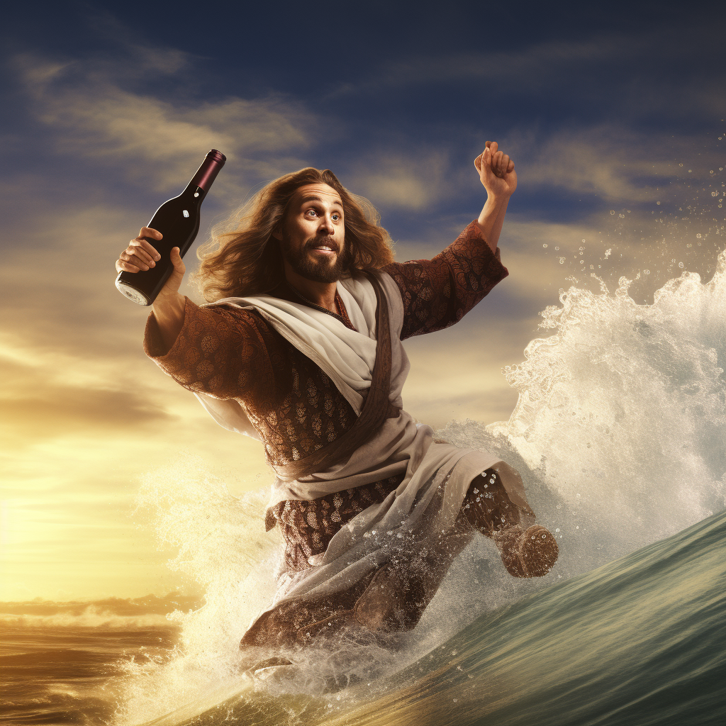 Hunk Jesus Surfing in Wine Wave