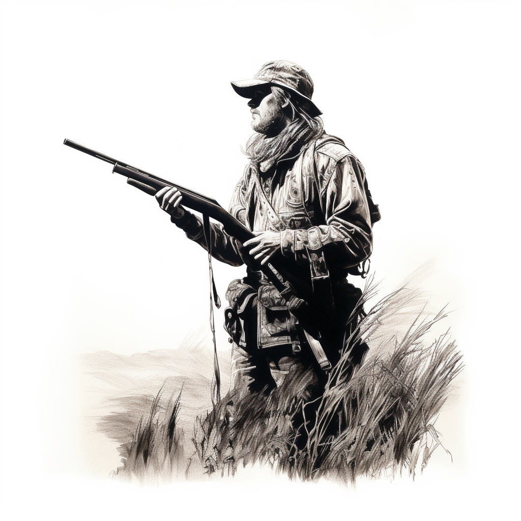 Hunter shooting bird realistic black white drawing