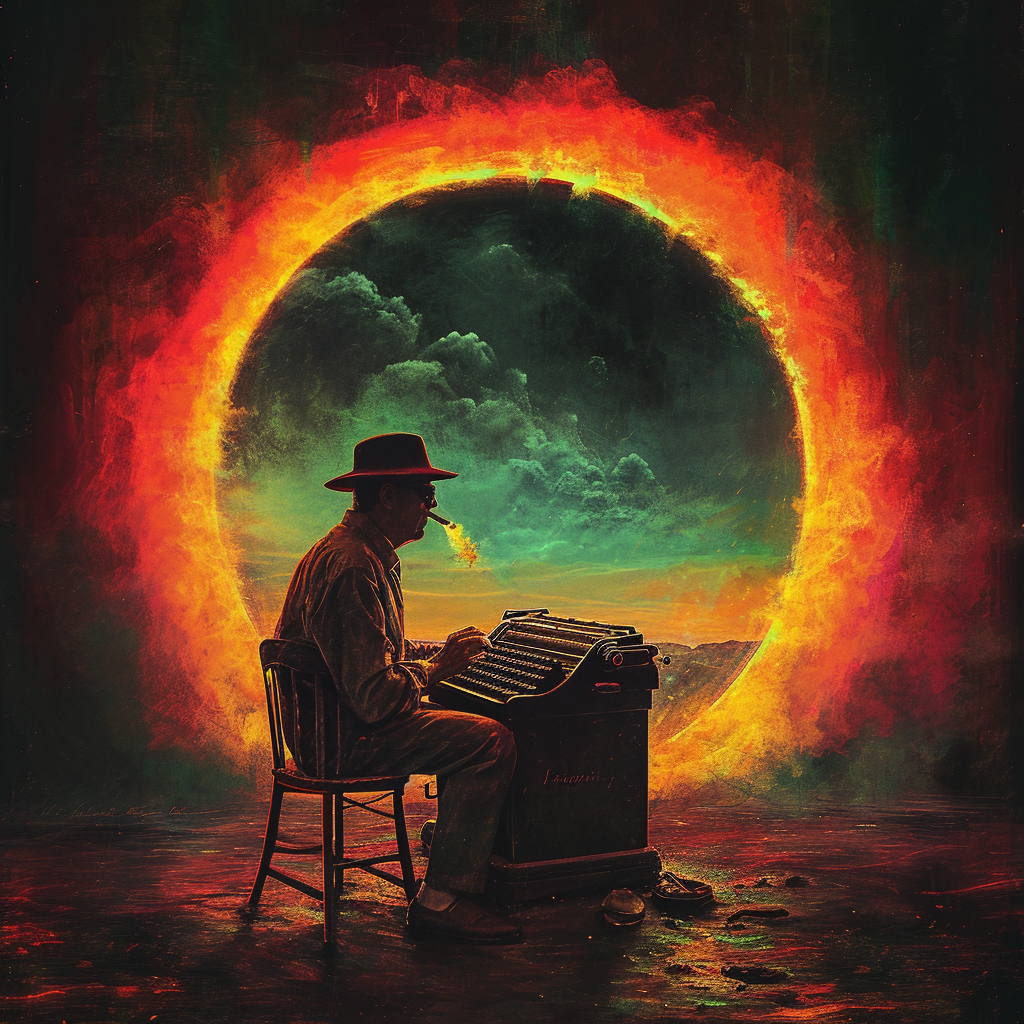 Hunter sitting at typewriter with rainbow portal