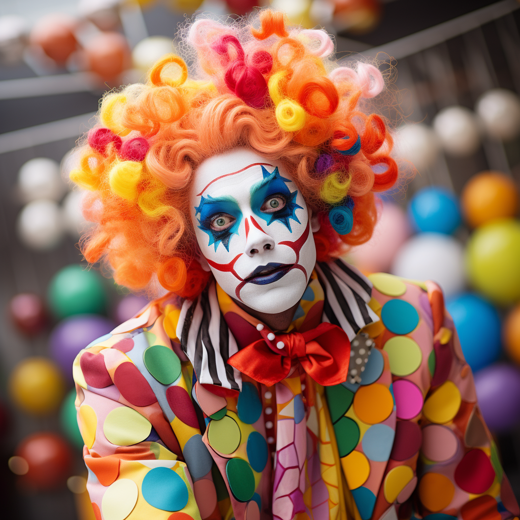 Flamboyant clown character with whimsical makeup and colorful jumpsuit