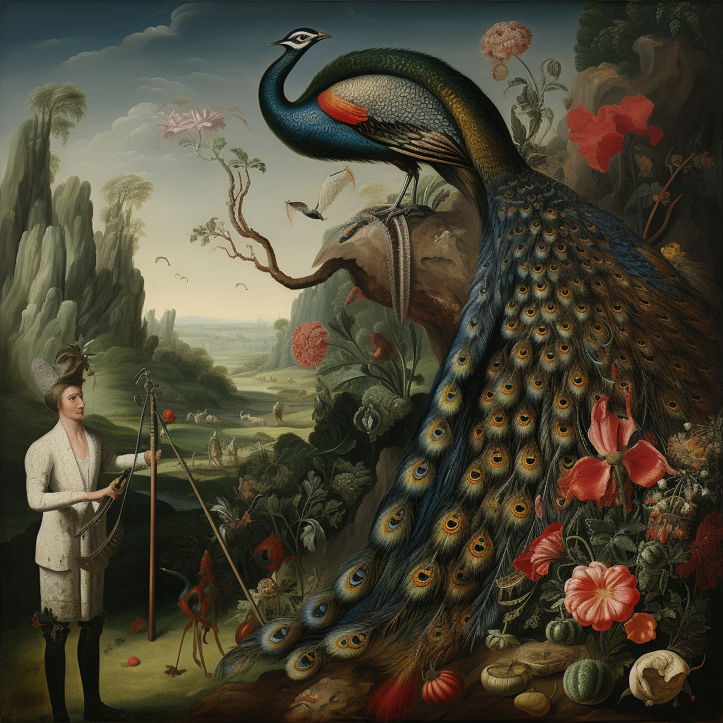 Man hunting peacock with pickaxe