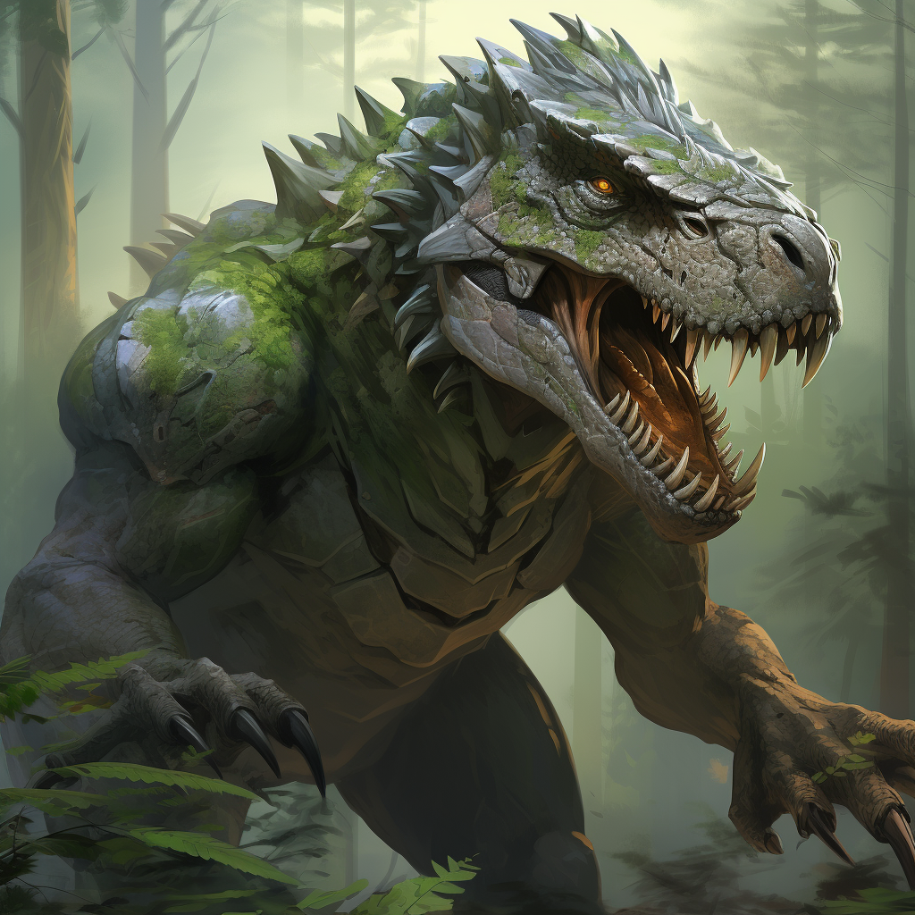 A portrait of a hunting T-rex in the forest