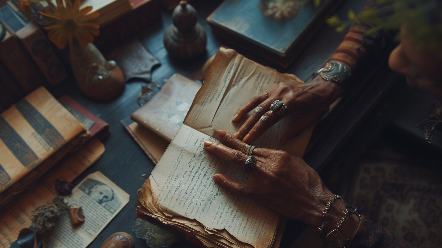 Hurston's hands holding manuscripts and artifacts