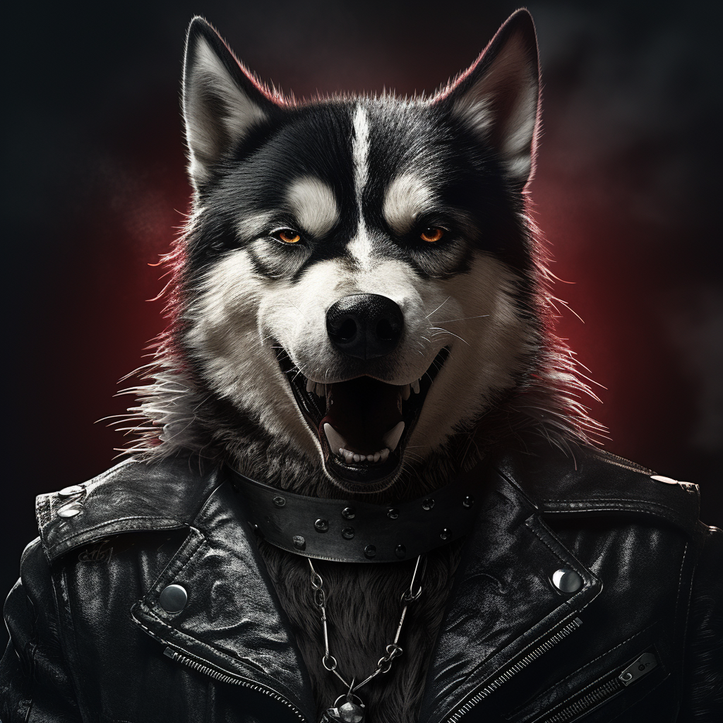 Realistic portrait of a Husky Dog dressed as a metalhead