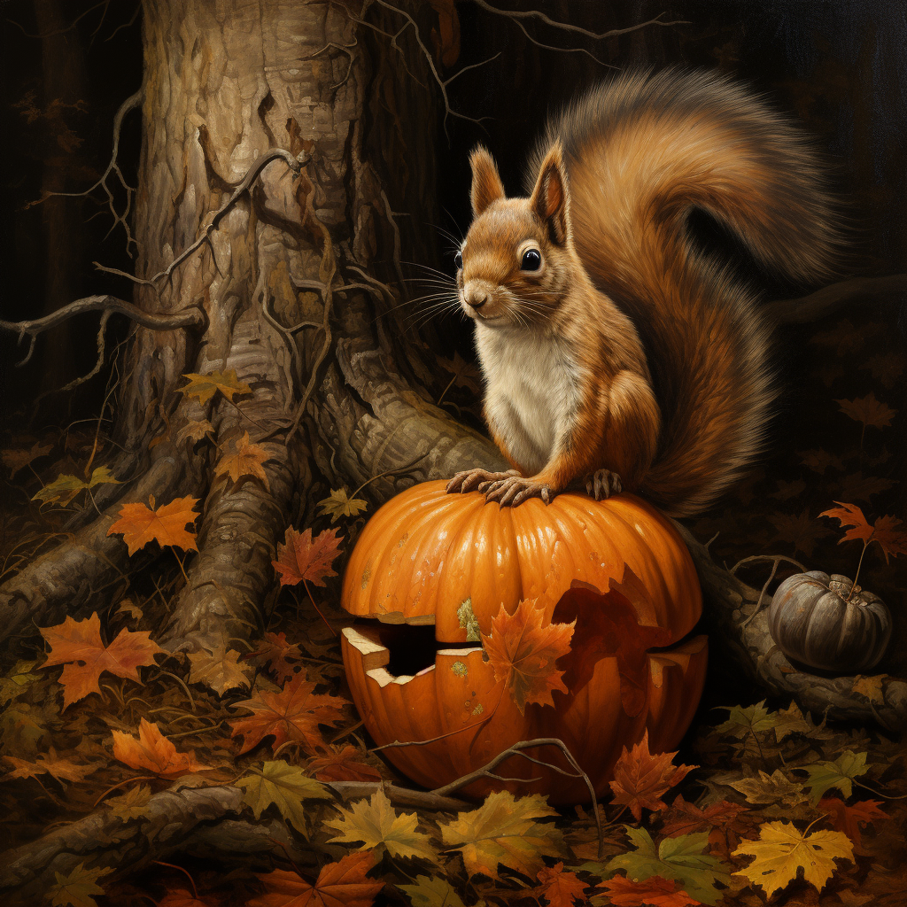 Hybrid squirrel holding a pumpkin in the woods