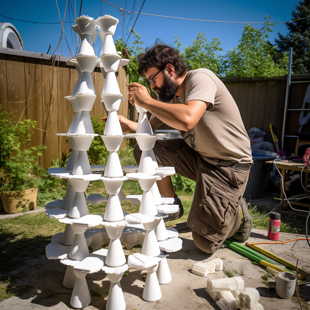 Father constructing a hydroponic tower garden